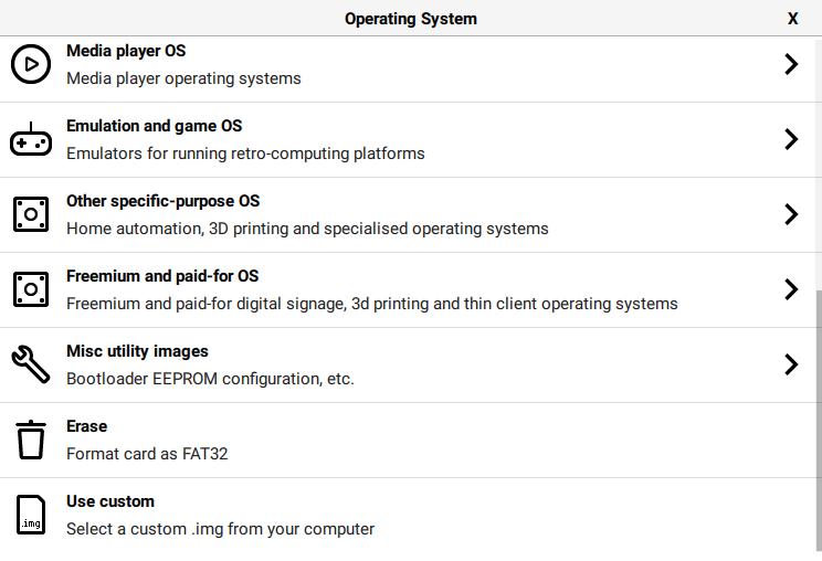 Raspberry Pi Imager 选择操作系统的界面